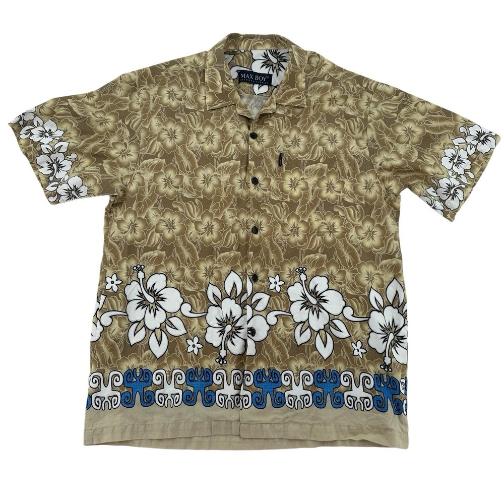 Max Boy International Mens Sz L Tan Floral Short Sleeve Button Up Shirt Summer